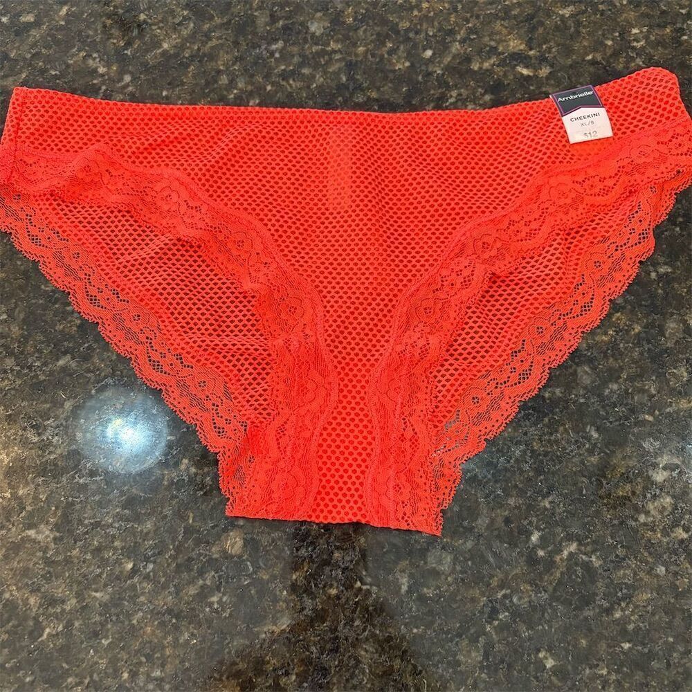 *3/$15 Ambrielle Women's Cheekini Panties XL Orange Lace Trim Breathable